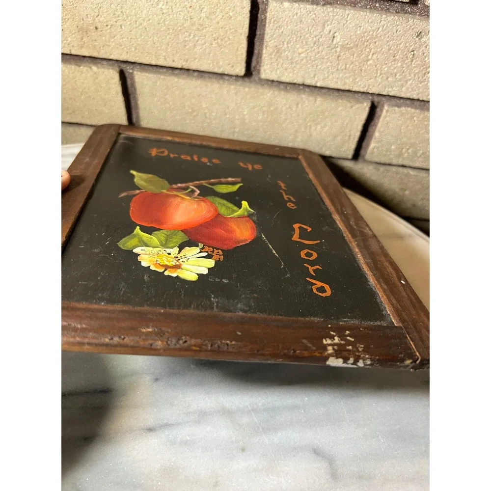 VTG Slate Chalkboard Hand Painted Praise Ye The Lord Apple Folk Art Wood Sign
